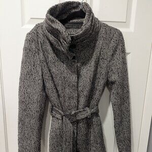ZARA Basic Herringbone Wool-Blend Belted Coat – Gray, Size XL